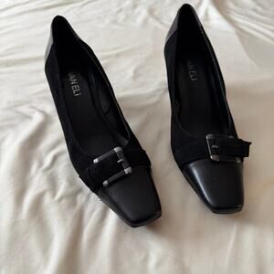 Vtg Y2K 2000s Black Buckle Block Heel Sz 8 Office Siren Academia